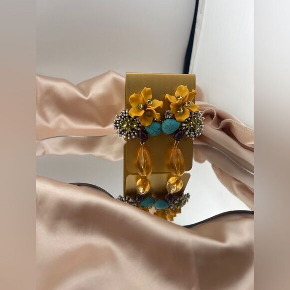 Vibrant Statement Floral Yellow Drop Earrings with Beaded Details - Picture 4 of 8